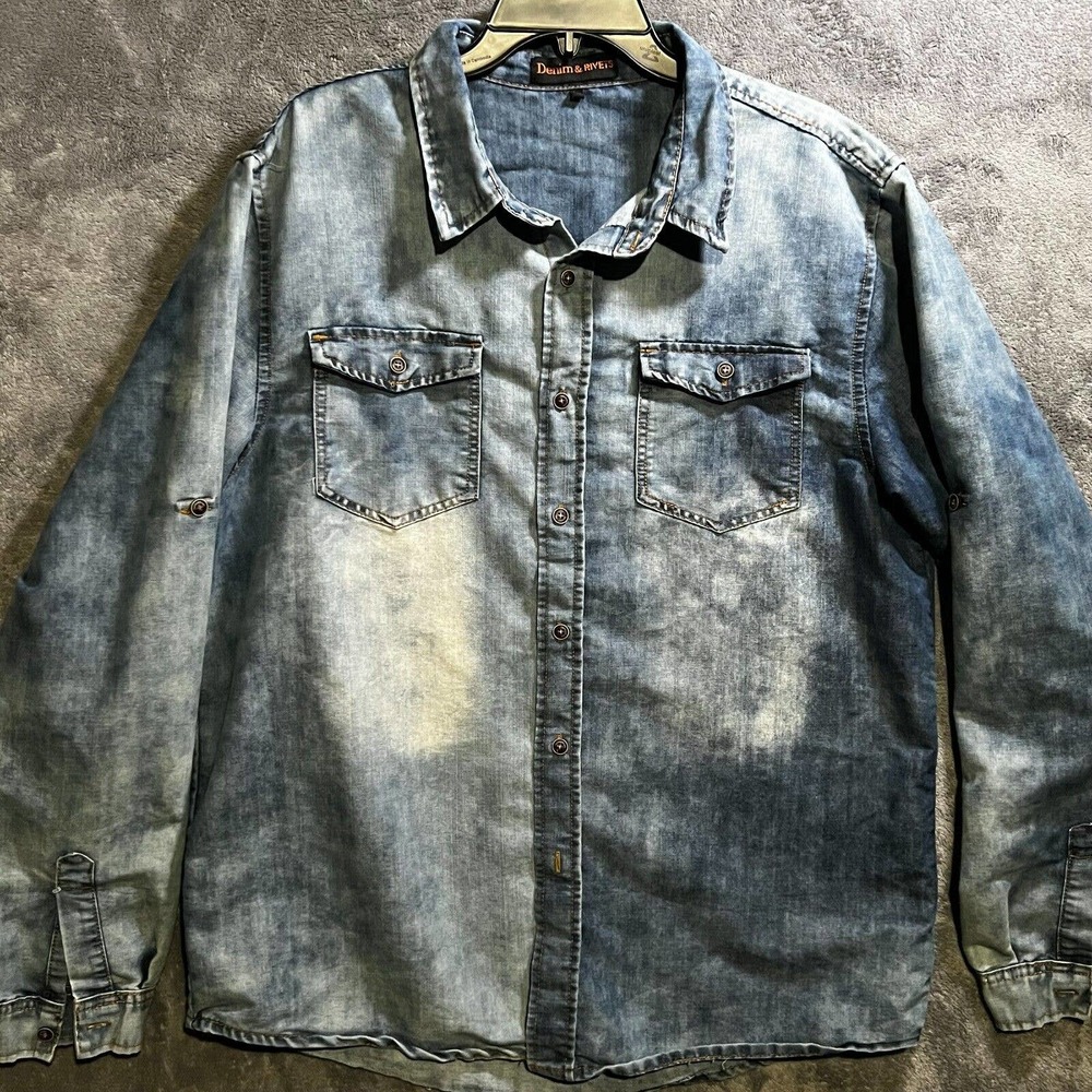 Denim & Rivets Mens Size XL Distressed Blue Denim Long Sleeve Casual Jean Shirt
